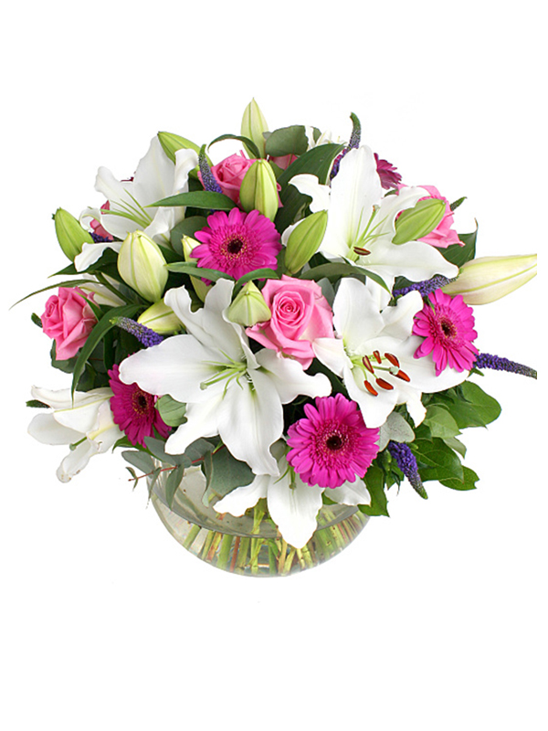 Detalle de Rosas y Lily + Base cubica de cristal