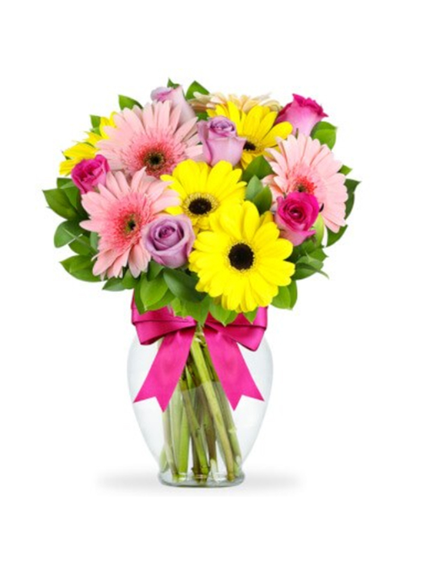 Bouquet de gerberas + Follaje + Tarjeta + Globos metálicos